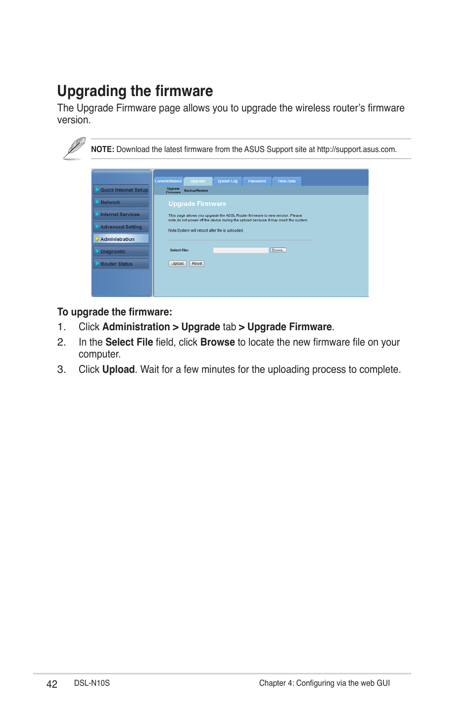 Upgrading the firmware | Asus DSL-N10S User Manual | Page 42 / 62