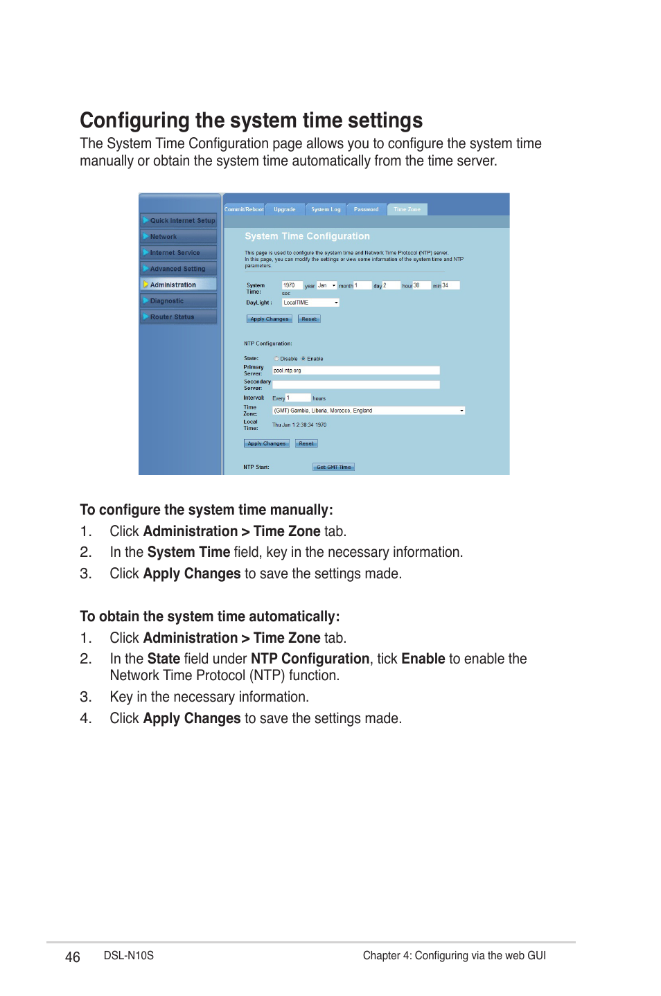 Configuring the system time settings | Asus DSL-N10S User Manual | Page 46 / 62