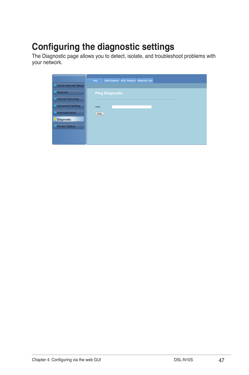 Configuring the diagnostic settings | Asus DSL-N10S User Manual | Page 47 / 62