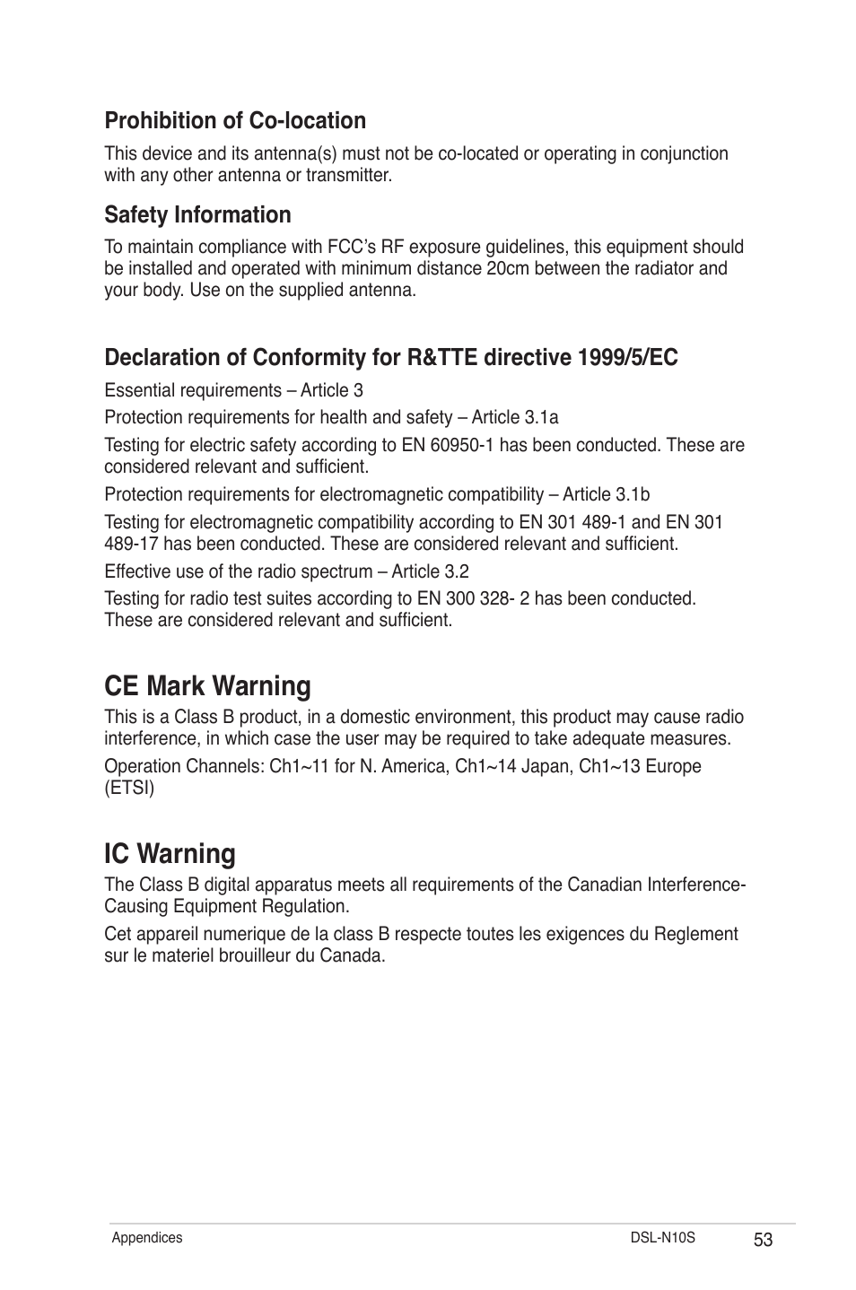 Ce mark warning, Ic warning, Prohibition of co-location | Safety information | Asus DSL-N10S User Manual | Page 53 / 62