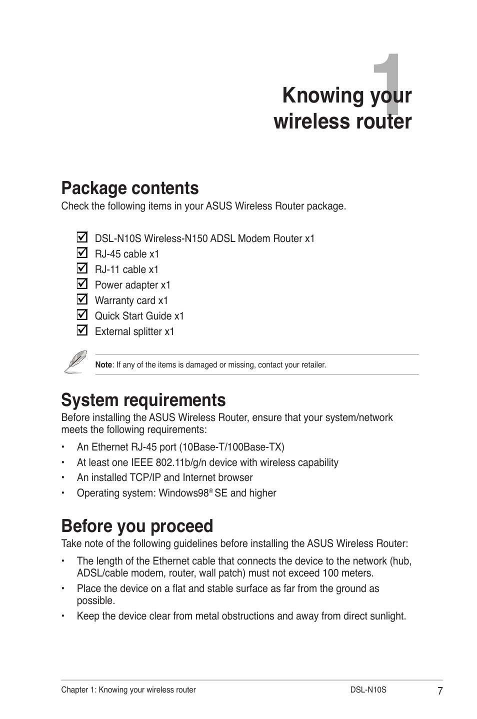 Chapter 1: knowing your wireless router, Package contents, System requirements | Before you proceed, Knowing your wireless router | Asus DSL-N10S User Manual | Page 7 / 62