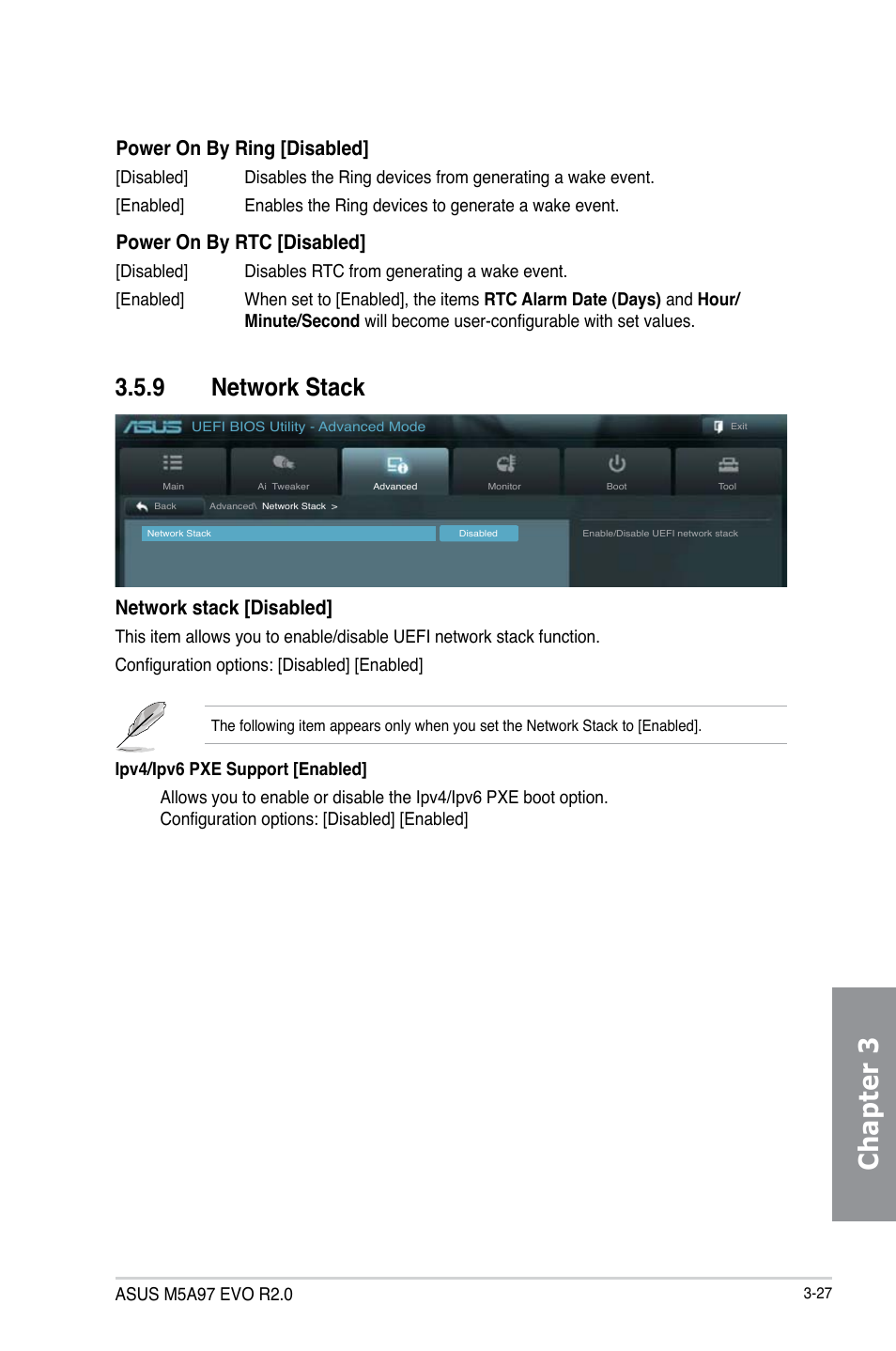 9 network stack, Network stack -27, Chapter 3 | Power on by ring [disabled, Power on by rtc [disabled, Network stack [disabled | Asus M5A97 EVO R2.0 User Manual | Page 101 / 178