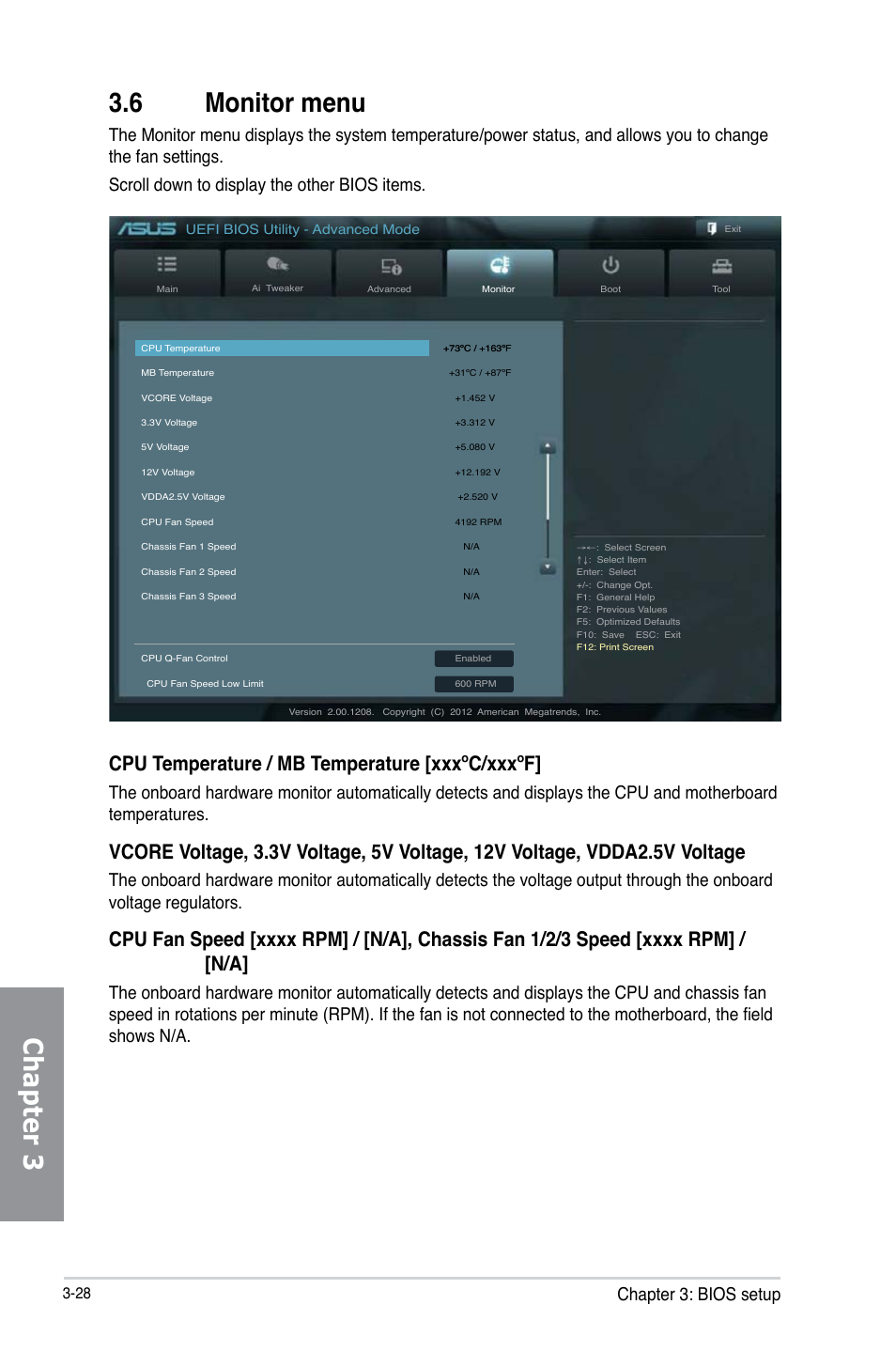 6 monitor menu, Monitor menu -28, Chapter 3 | Cpu temperature / mb temperature [xxxºc/xxxºf, Chapter 3: bios setup | Asus M5A97 EVO R2.0 User Manual | Page 102 / 178