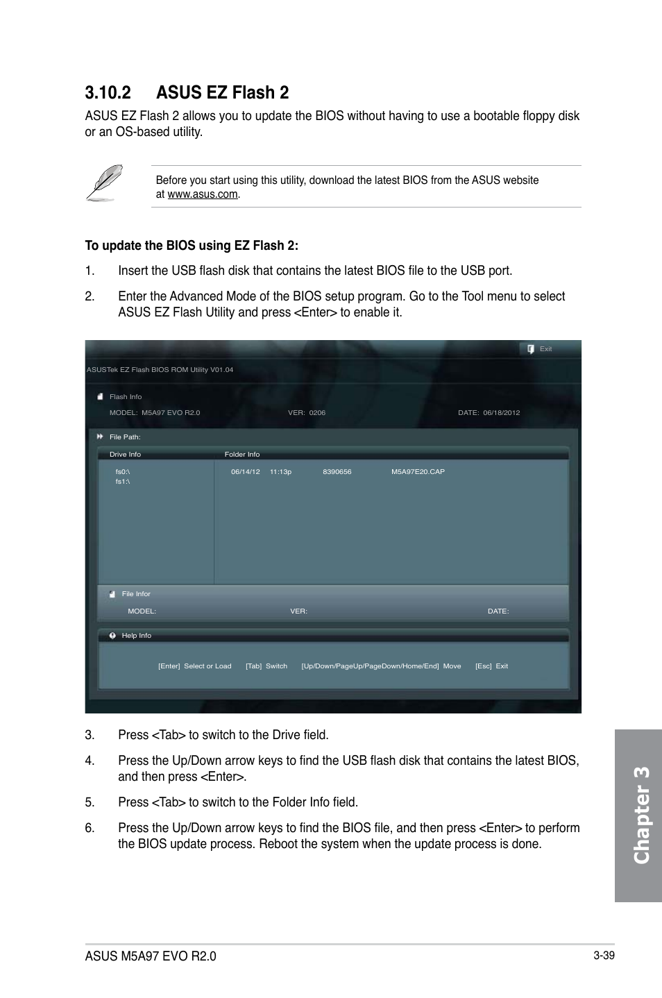 2 asus ez flash 2, Asus ez flash 2 -39, Chapter 3 | Asus M5A97 EVO R2.0 User Manual | Page 113 / 178