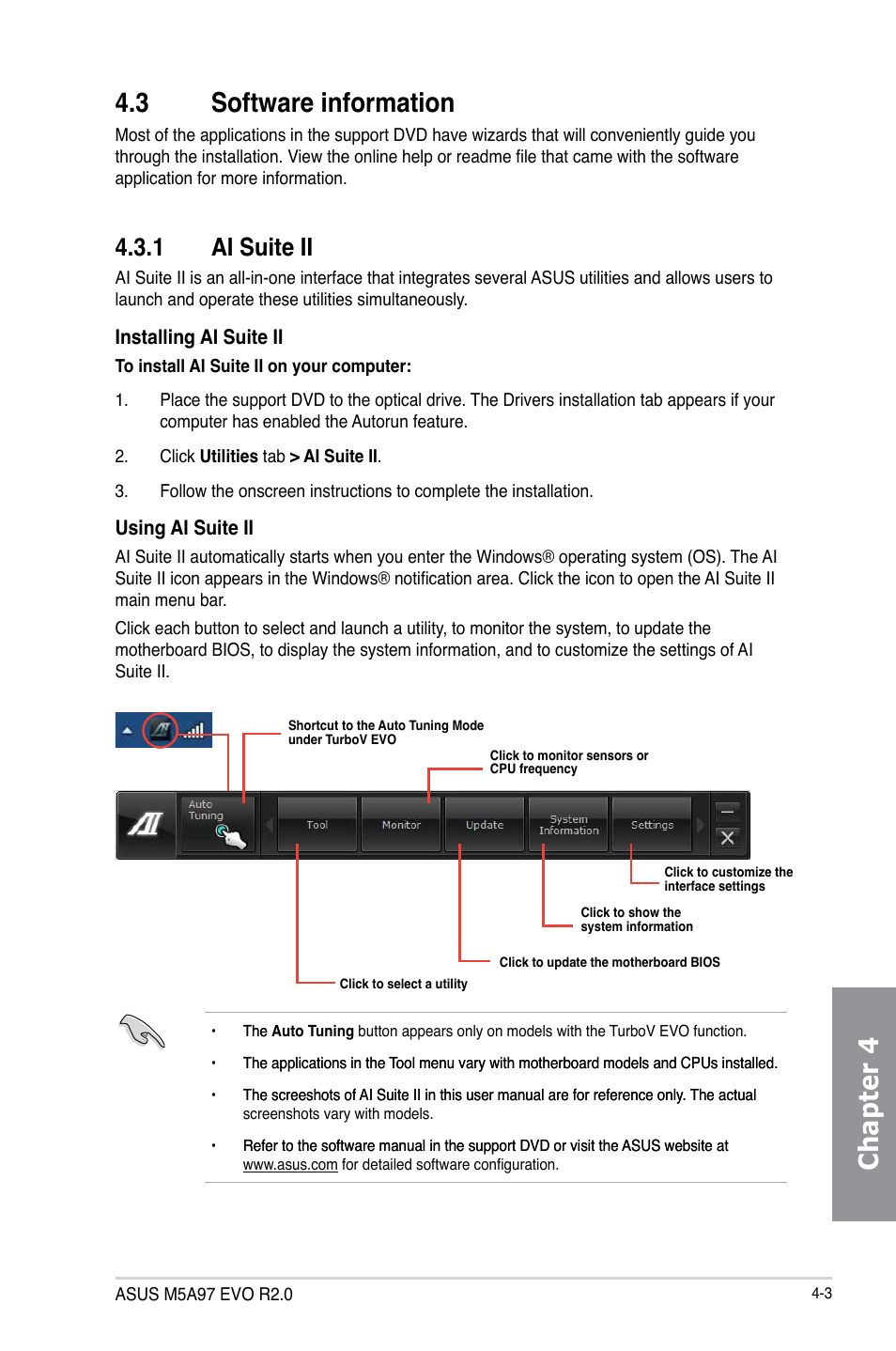 3 software information, 1 ai suite ii, Software information -3 4.3.1 | Ai suite ii -3, Chapter 4 4.3 software information | Asus M5A97 EVO R2.0 User Manual | Page 121 / 178