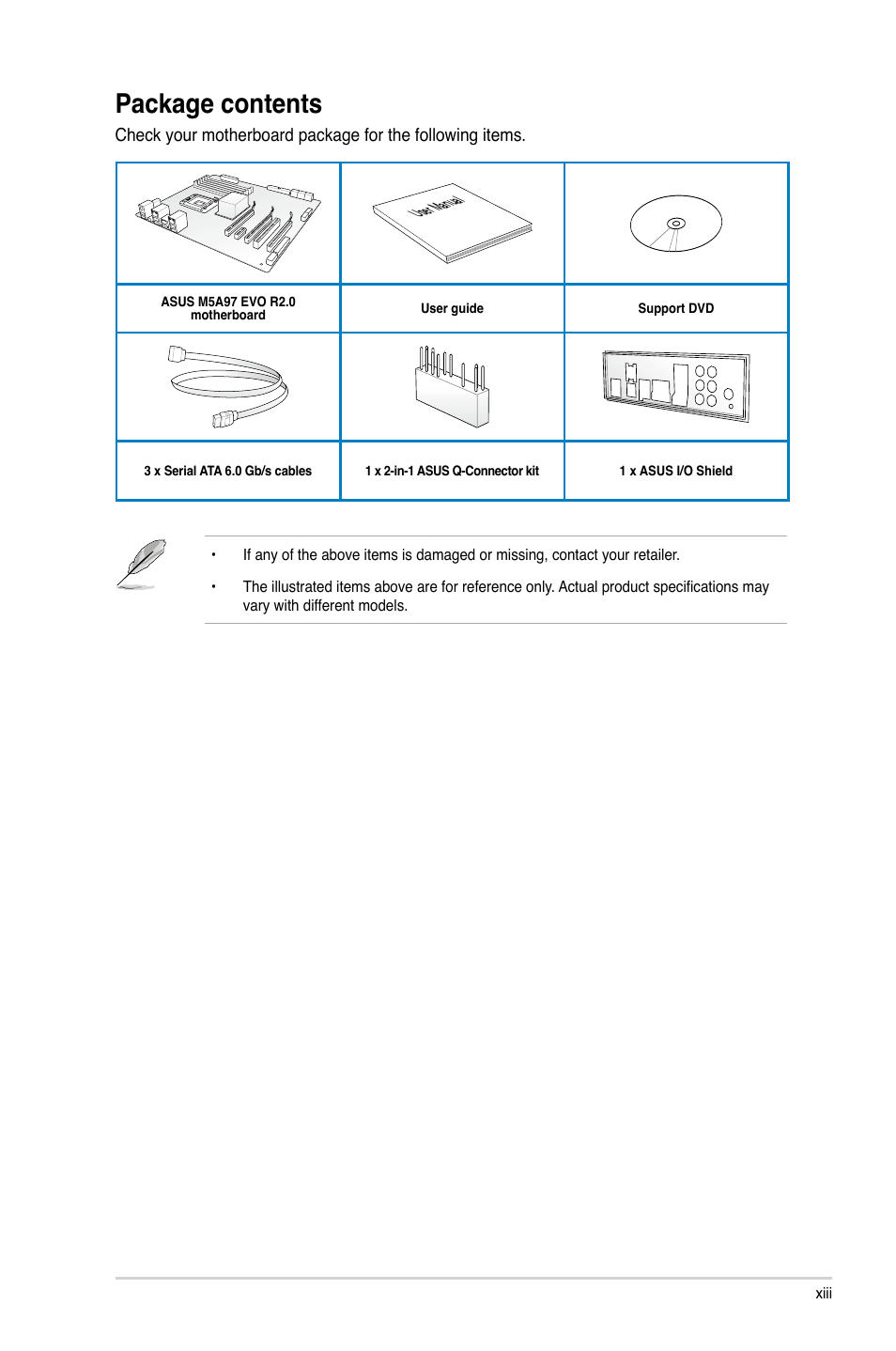 Package contents | Asus M5A97 EVO R2.0 User Manual | Page 13 / 178