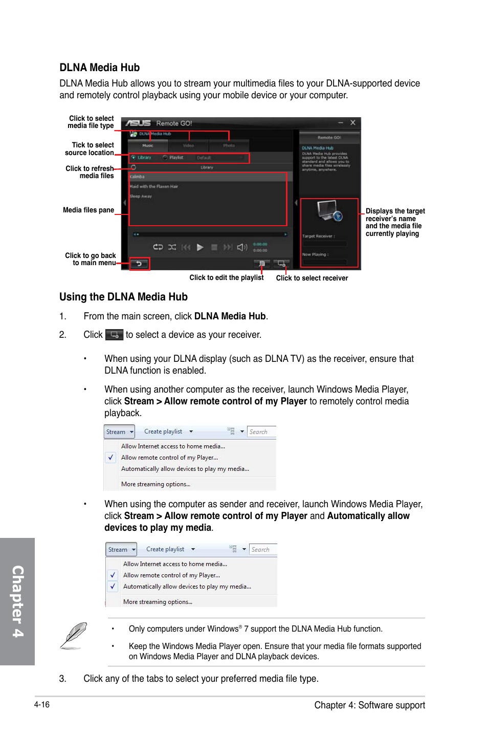 Chapter 4, Using the dlna media hub, Dlna media hub | Asus M5A97 EVO R2.0 User Manual | Page 134 / 178