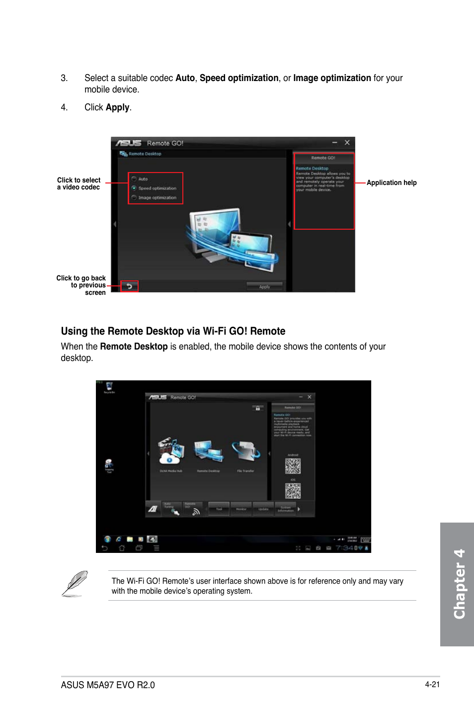 Chapter 4, Using the remote desktop via wi-fi go! remote | Asus M5A97 EVO R2.0 User Manual | Page 139 / 178