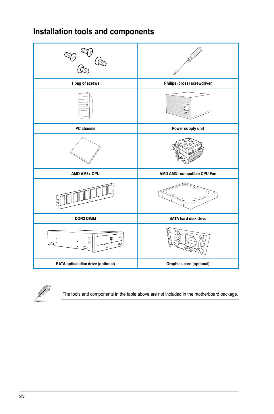 Installation tools and components | Asus M5A97 EVO R2.0 User Manual | Page 14 / 178