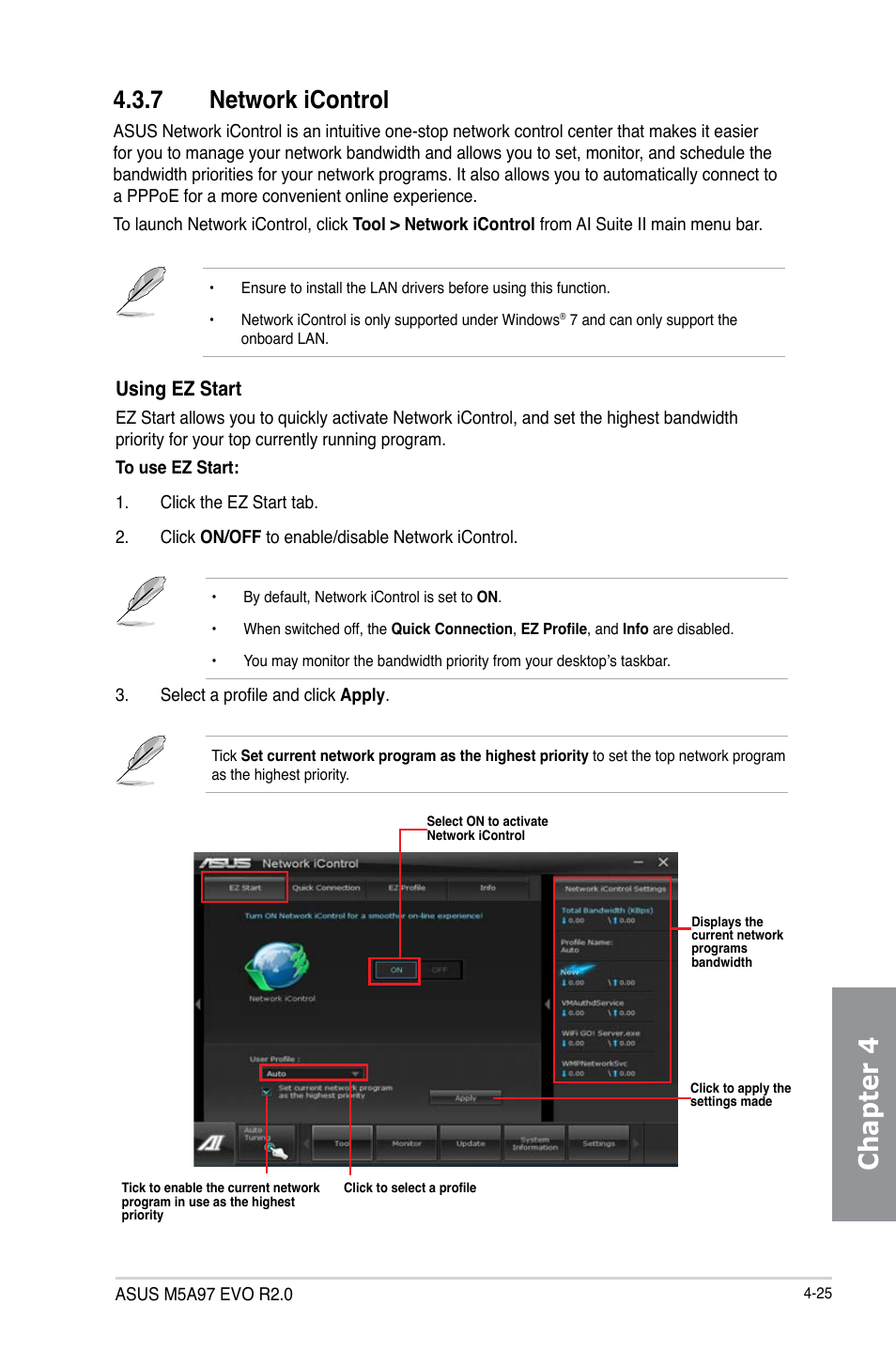 7 network icontrol, Network icontrol -25, Chapter 4 | Using ez start | Asus M5A97 EVO R2.0 User Manual | Page 143 / 178