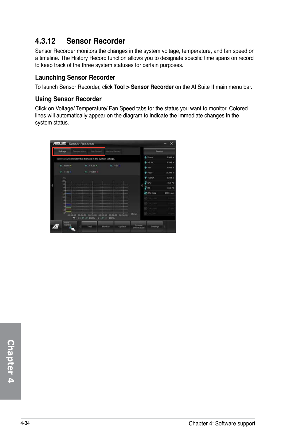 12 sensor recorder, Sensor recorder -34, Chapter 4 | Asus M5A97 EVO R2.0 User Manual | Page 152 / 178