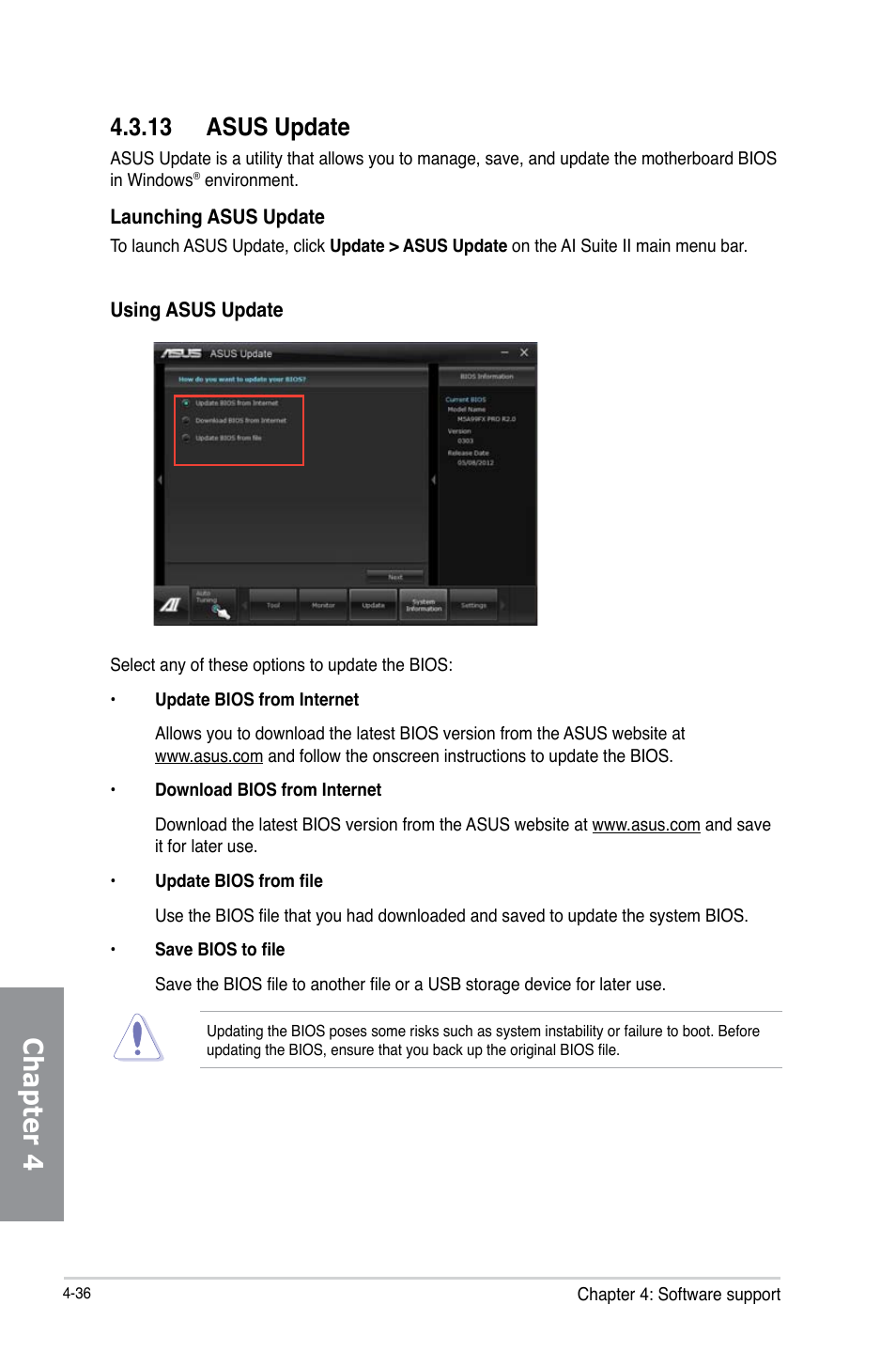 13 asus update, Asus update -36, Chapter 4 | Asus M5A97 EVO R2.0 User Manual | Page 154 / 178