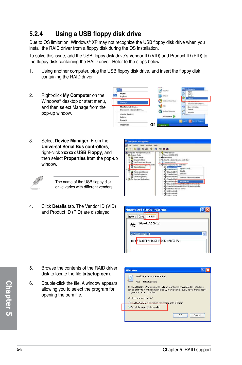 4 using a usb floppy disk drive, Using a usb floppy disk drive -8, Chapter 5 | Asus M5A97 EVO R2.0 User Manual | Page 166 / 178