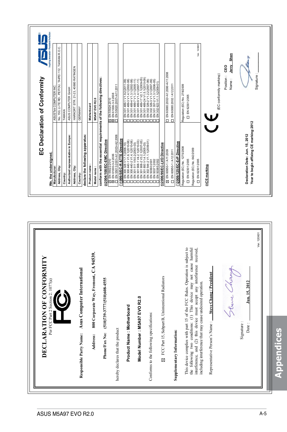 Appendices, Declaration of conformity, Ec declaration of conformity | Asu s c om pu te r in te rn at io na l | Asus M5A97 EVO R2.0 User Manual | Page 177 / 178