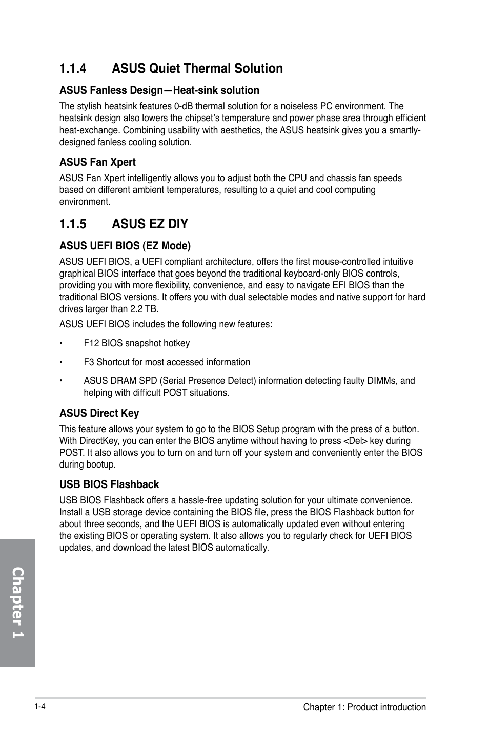 4 asus quiet thermal solution, 5 asus ez diy, Asus quiet thermal solution -4 | Asus ez diy -4, Chapter 1 | Asus M5A97 EVO R2.0 User Manual | Page 18 / 178