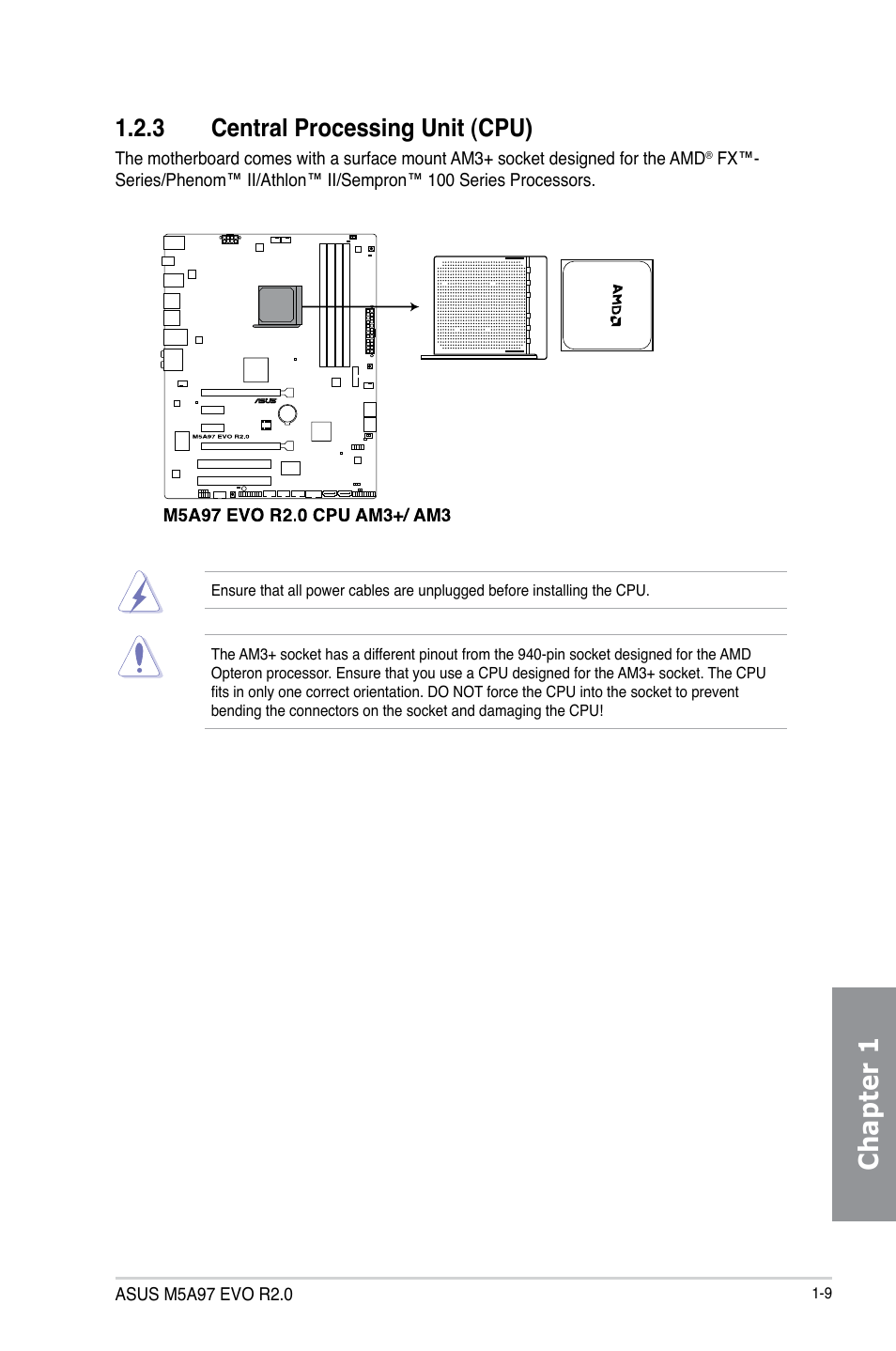 3 central processing unit (cpu), Central processing unit (cpu) -9, Chapter 1 | Asus M5A97 EVO R2.0 User Manual | Page 23 / 178