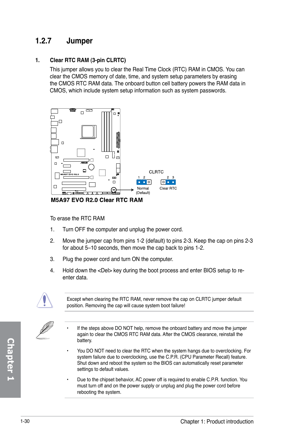 7 jumper, Jumper -30, Chapter 1 | Asus M5A97 EVO R2.0 User Manual | Page 44 / 178