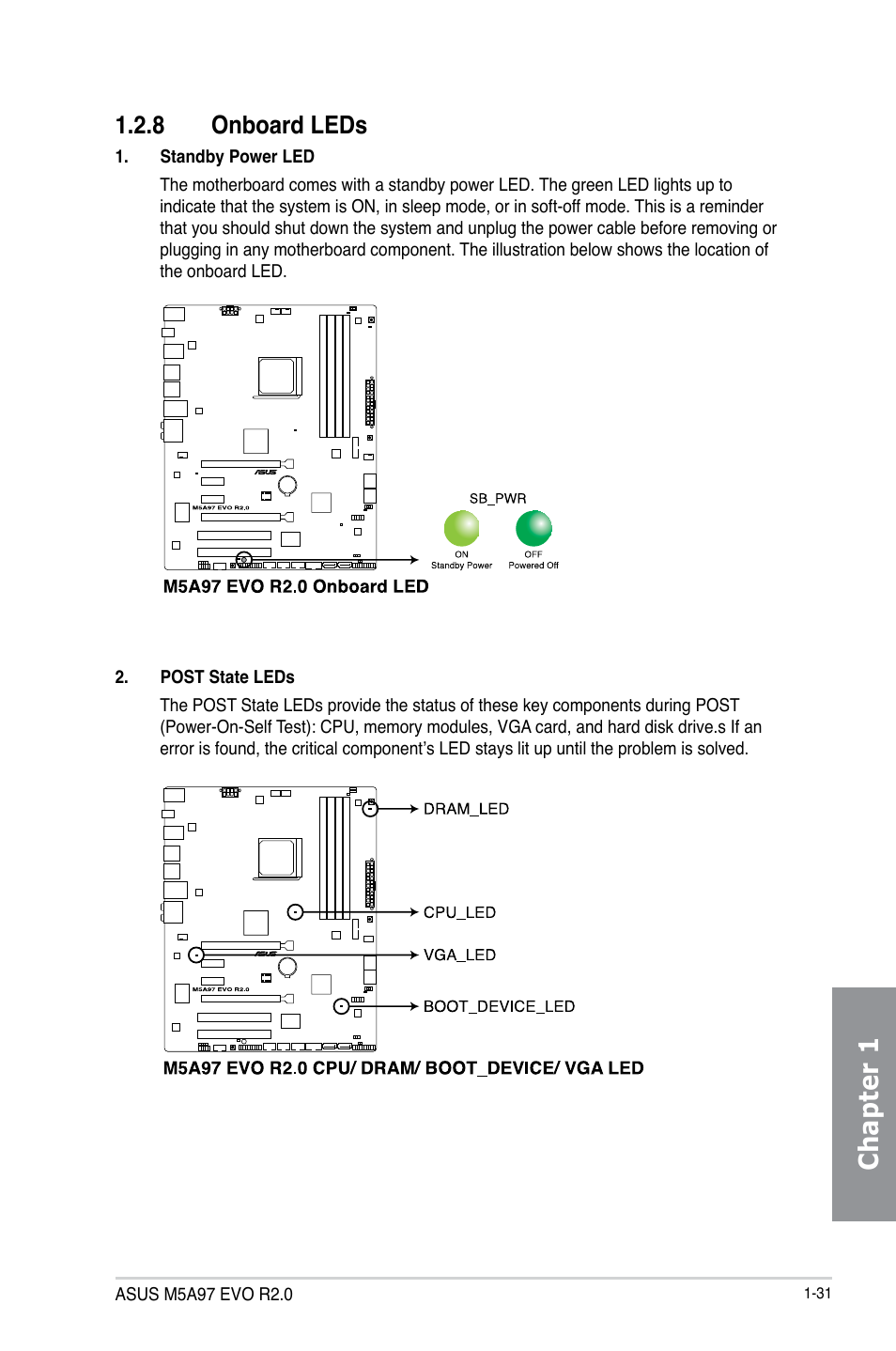 8 onboard leds, Onboard leds -31, Chapter 1 | Asus M5A97 EVO R2.0 User Manual | Page 45 / 178