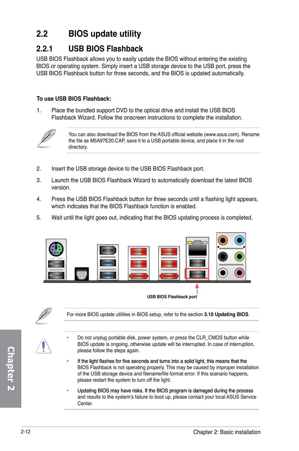 2 bios update utility, Bios update utility -12, Chapter 2 2.2 bios update utility | 1 usb bios flashback | Asus M5A97 EVO R2.0 User Manual | Page 68 / 178