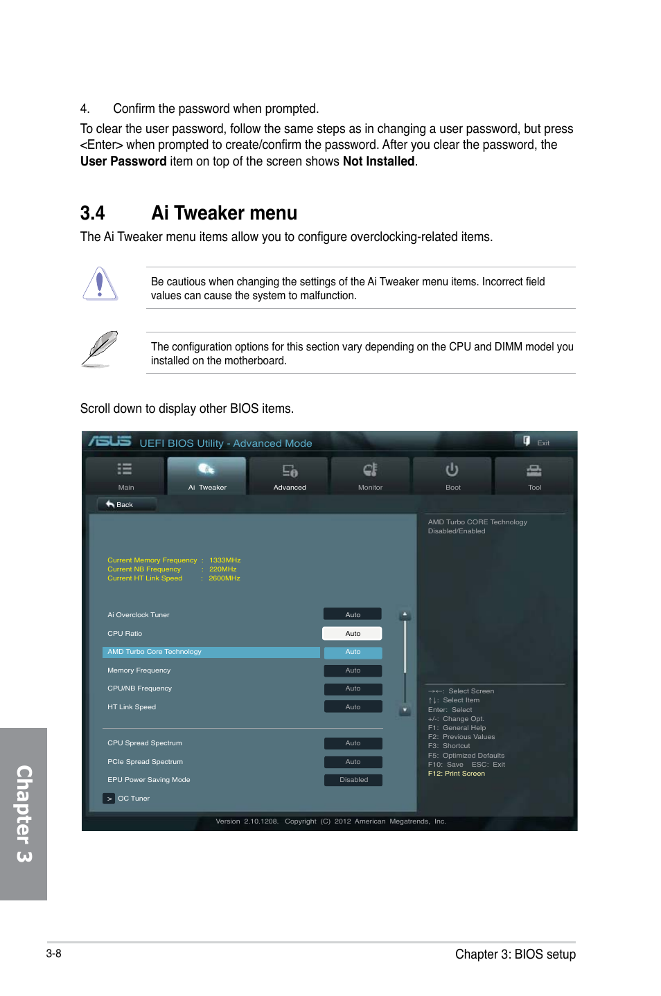 4 ai tweaker menu, Ai tweaker menu -8, Chapter 3 | Chapter 3: bios setup, Scroll down to display other bios items | Asus M5A97 EVO R2.0 User Manual | Page 82 / 178