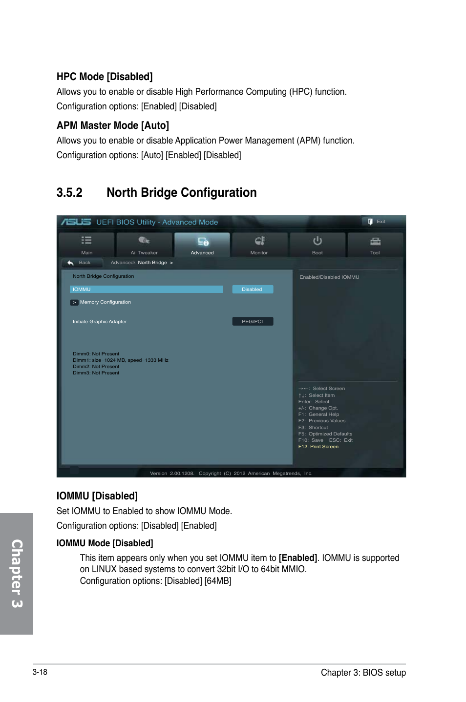 2 north bridge configuration, North bridge configuration -18, Chapter 3 | Iommu [disabled, Hpc mode [disabled, Apm master mode [auto, Chapter 3: bios setup | Asus M5A97 EVO R2.0 User Manual | Page 92 / 178
