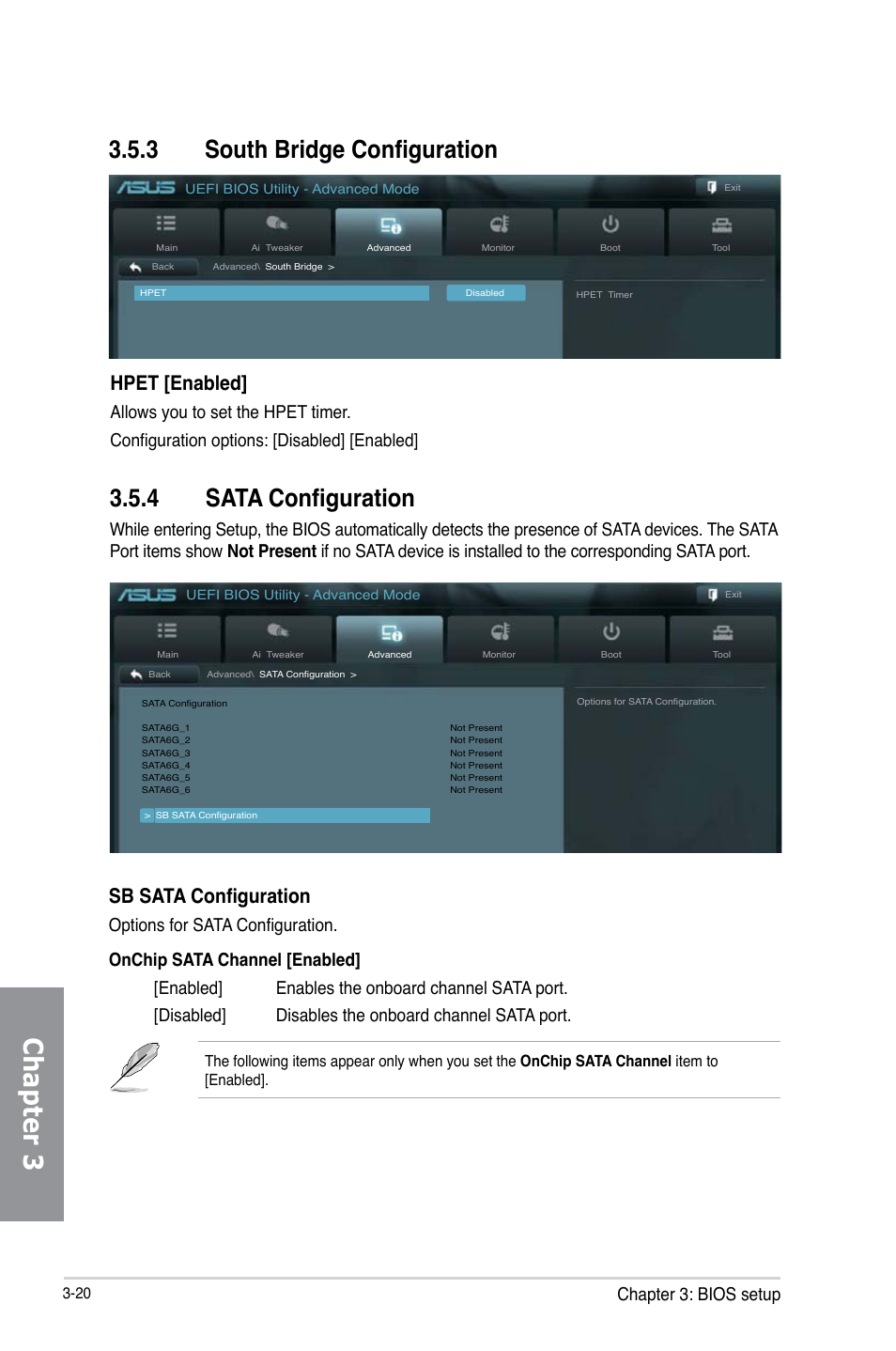 3 south bridge configuration, 4 sata configuration, South bridge configuration -20 | Sata configuration -20, Chapter 3, Hpet [enabled, Sb sata configuration, Chapter 3: bios setup | Asus M5A97 EVO R2.0 User Manual | Page 94 / 178