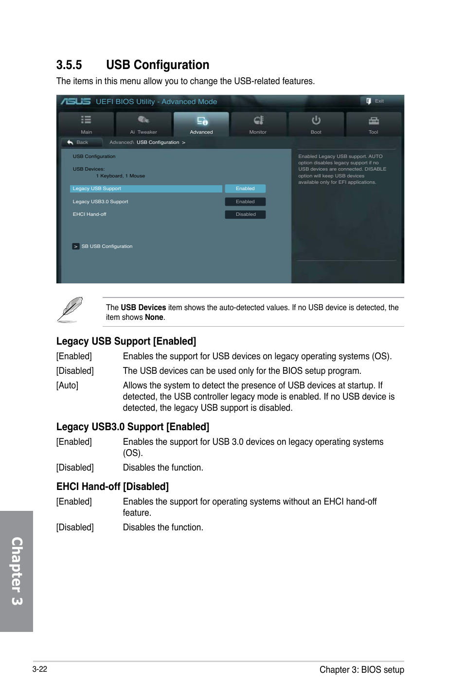 5 usb configuration, Usb configuration -22, Chapter 3 | Legacy usb support [enabled, Legacy usb3.0 support [enabled, Ehci hand-off [disabled, Chapter 3: bios setup | Asus M5A97 EVO R2.0 User Manual | Page 96 / 178