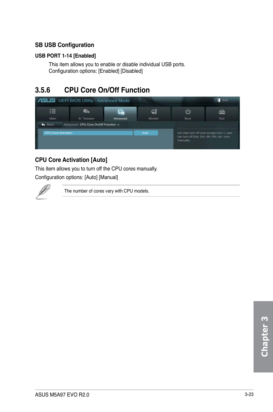 6 cpu core on/off function, Cpu core on/off function -23, Chapter 3 | Sb usb configuration, Cpu core activation [auto | Asus M5A97 EVO R2.0 User Manual | Page 97 / 178