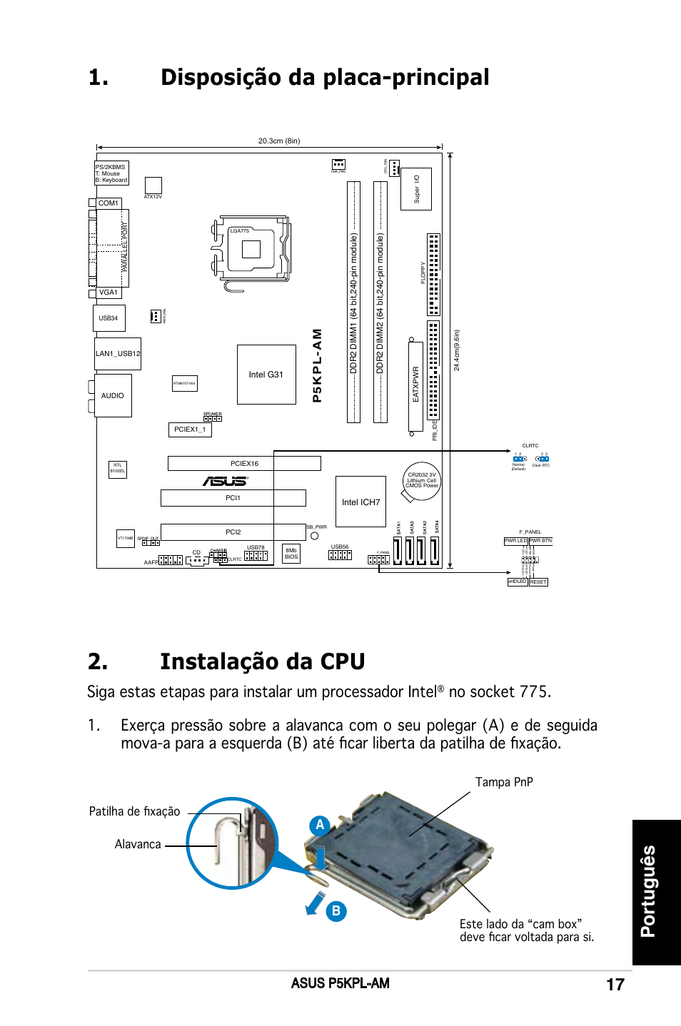 Instalação da cpu, Disposição da placa-principal, Português | Asus p5kpl-am, Ab b, P5 k p l -a m | Asus P5KPL-AM/PS User Manual | Page 17 / 38