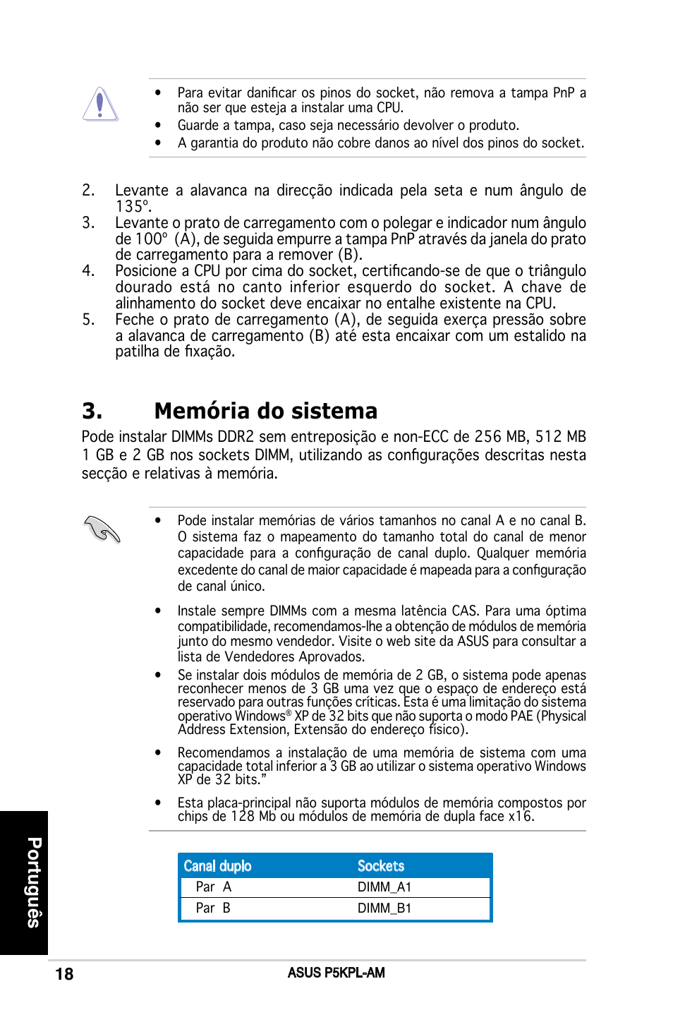 Memória do sistema, Português | Asus P5KPL-AM/PS User Manual | Page 18 / 38