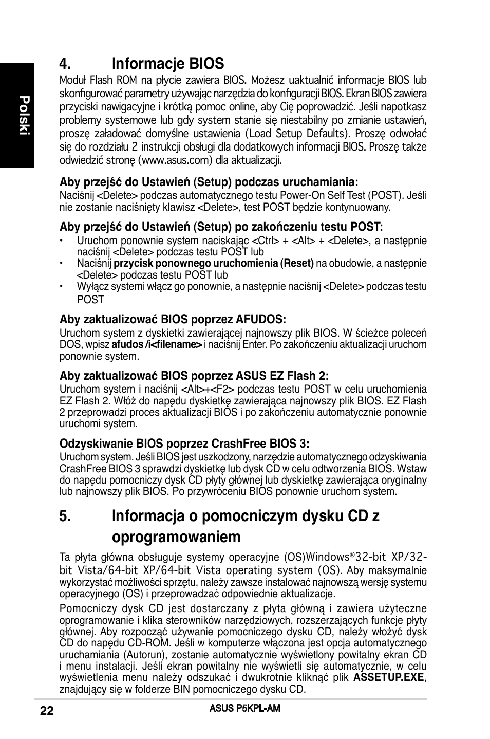 Informacje bios, Polski | Asus P5KPL-AM/PS User Manual | Page 22 / 38