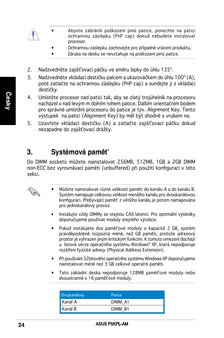 Systémová pamět, Česky | Asus P5KPL-AM/PS User Manual | Page 24 / 38