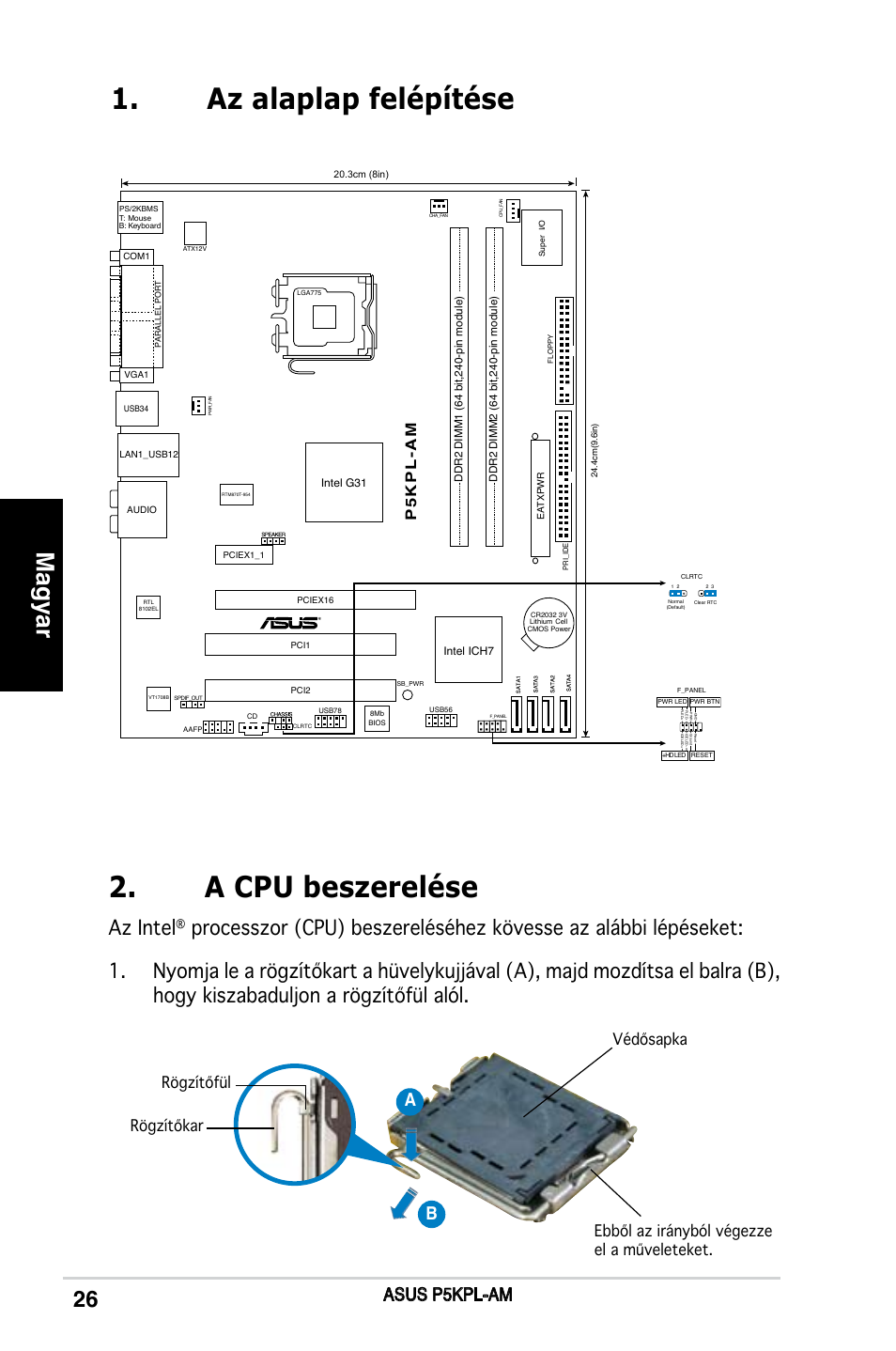 Az alaplap felépítése 2. a cpu beszerelése, Magyar, Az intel | Asus p5kpl-am, P5 k p l -a m | Asus P5KPL-AM/PS User Manual | Page 26 / 38