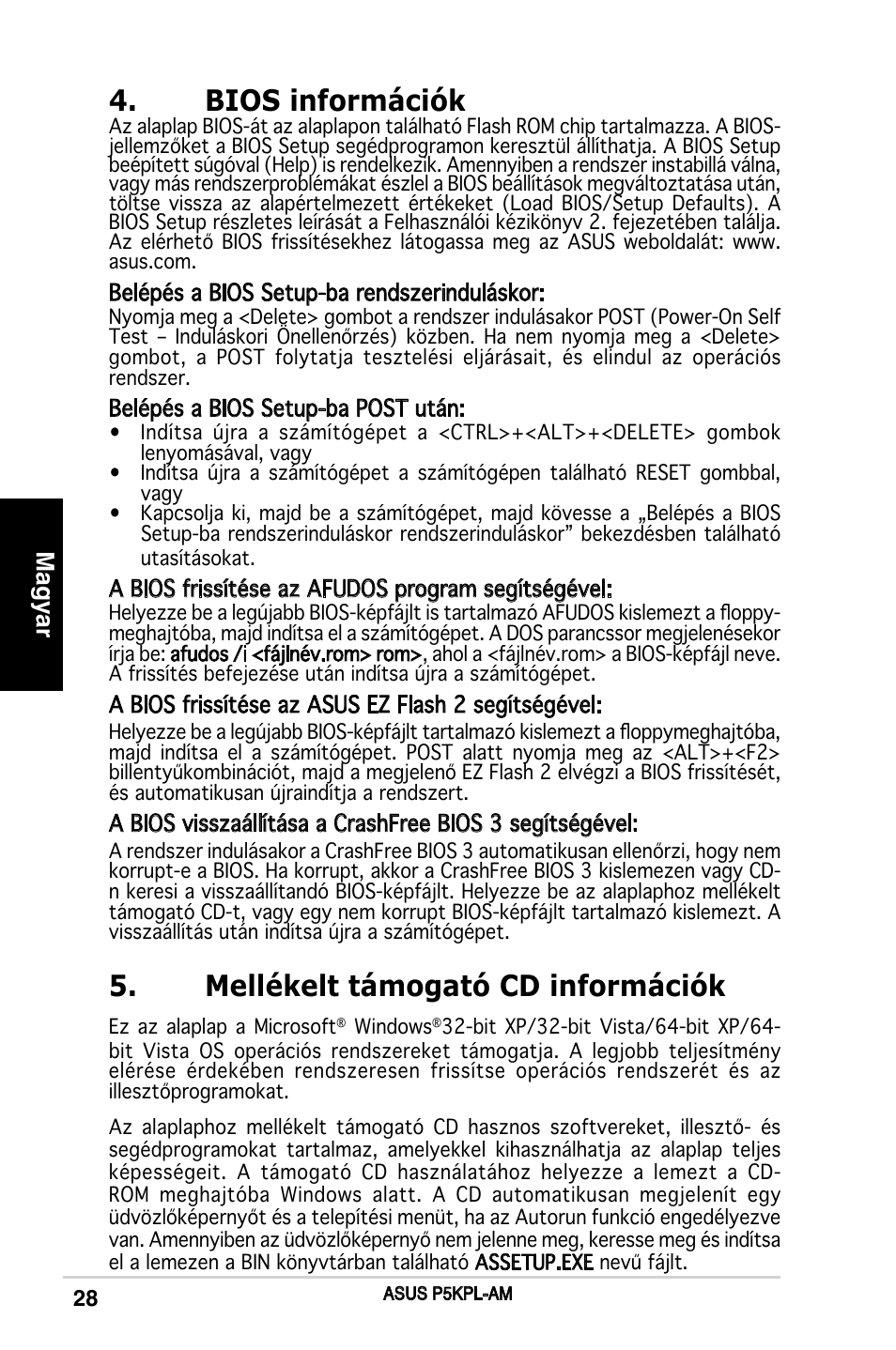 Bios információk, Mellékelt támogató cd információk, Magyar | Asus P5KPL-AM/PS User Manual | Page 28 / 38