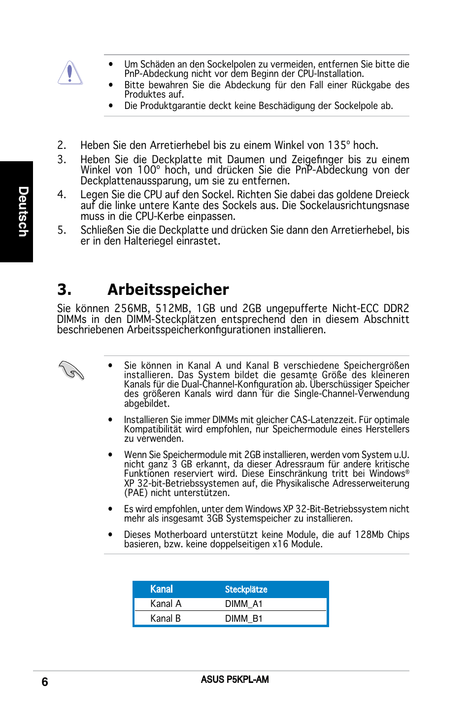 Arbeitsspeicher, Deutsch | Asus P5KPL-AM/PS User Manual | Page 6 / 38