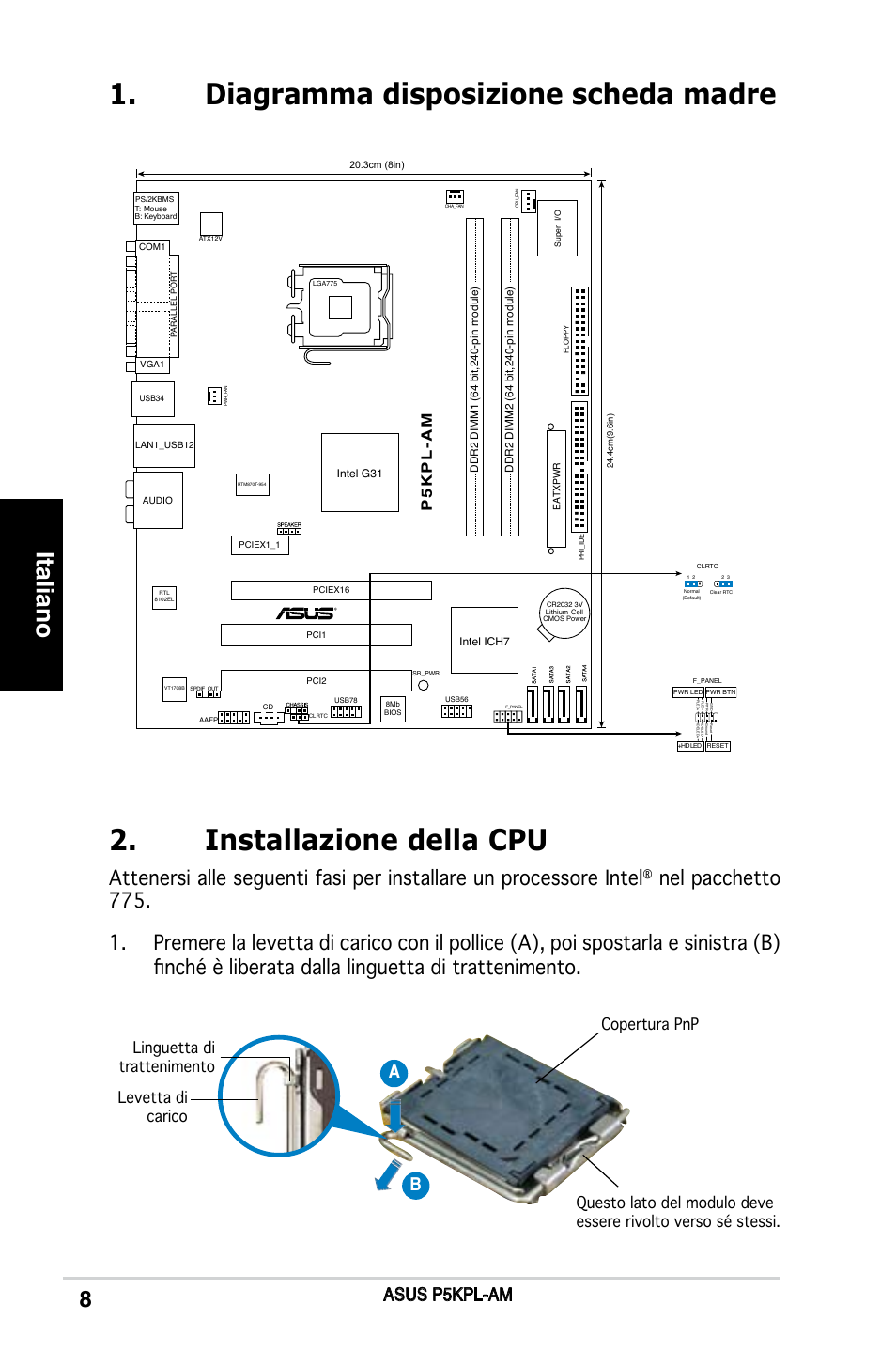 Installazione della cpu, Diagramma disposizione scheda madre, Italiano | Asus p5kpl-am, P5 k p l -a m | Asus P5KPL-AM/PS User Manual | Page 8 / 38