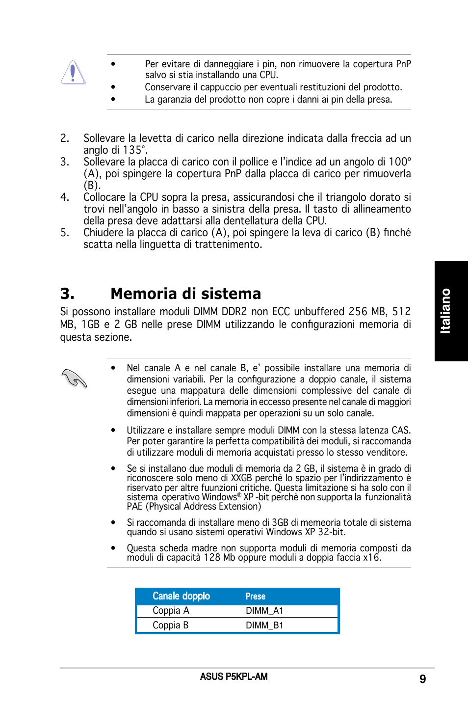 Italiano | Asus P5KPL-AM/PS User Manual | Page 9 / 38