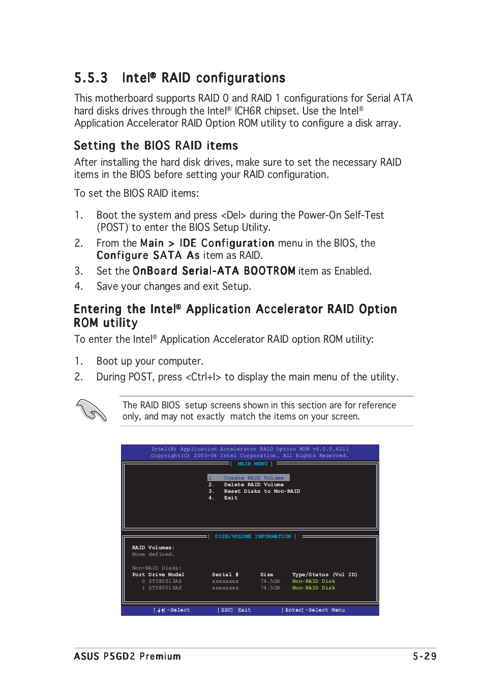 3 intel intel intel intel intel, Raid configurations, Setting the bios raid items | Entering the intel, Application accelerator raid option | Asus P5GD2 Premium User Manual | Page 141 / 152