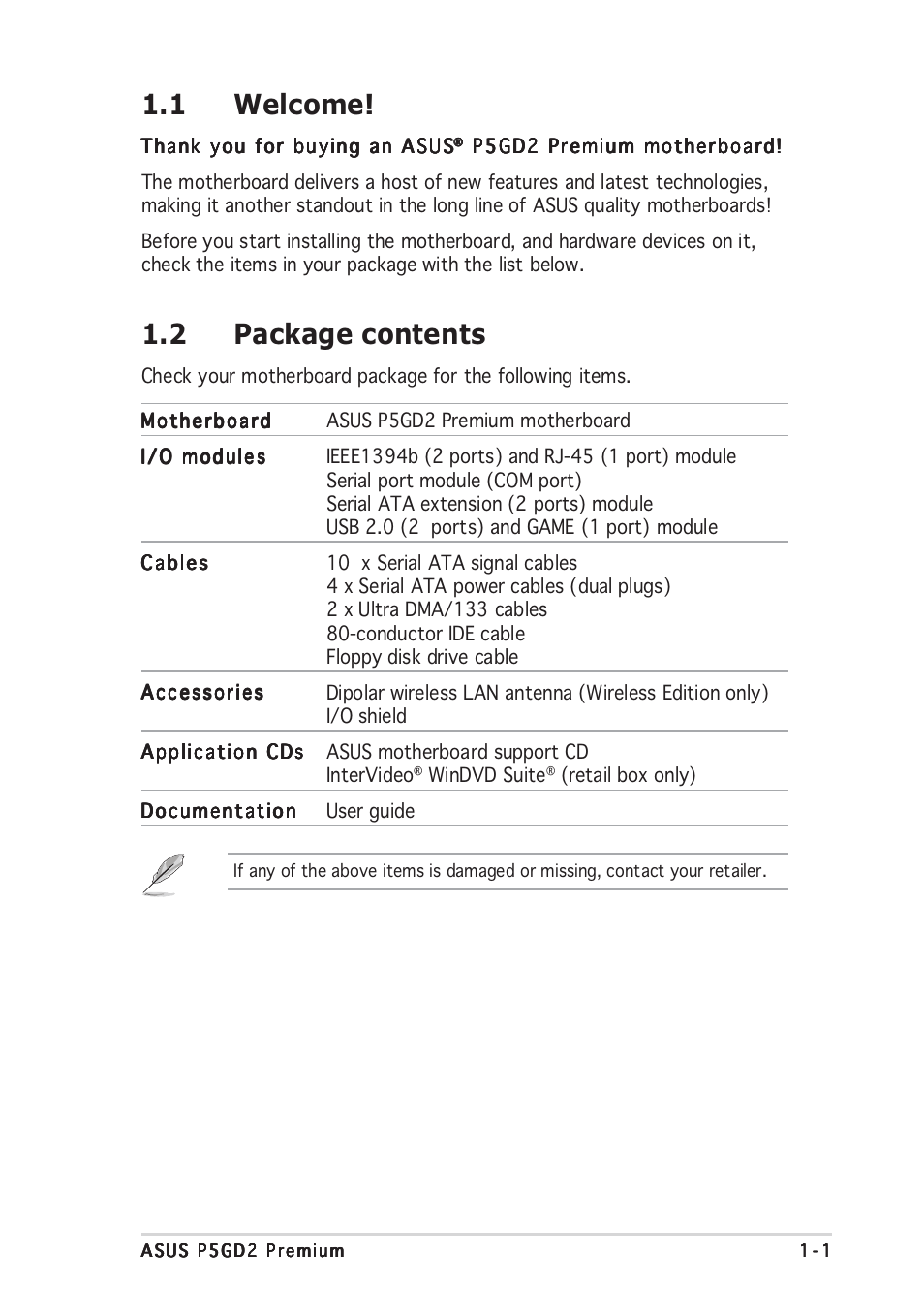 1 welcome, 2 package contents | Asus P5GD2 Premium User Manual | Page 17 / 152