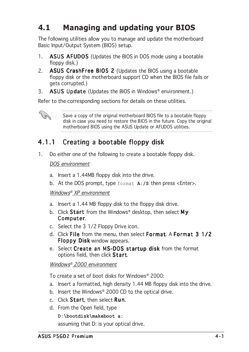 1 managing and updating your bios | Asus P5GD2 Premium User Manual | Page 71 / 152