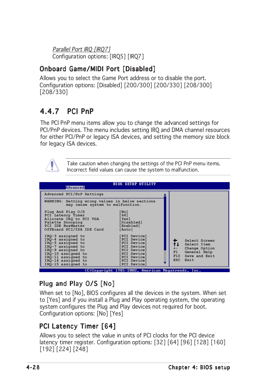 7 pci pnp pci pnp pci pnp pci pnp pci pnp, Plug and play o/s [no, Pci latency timer [64 | Onboard game/midi port [disabled | Asus P5GD2 Premium User Manual | Page 98 / 152