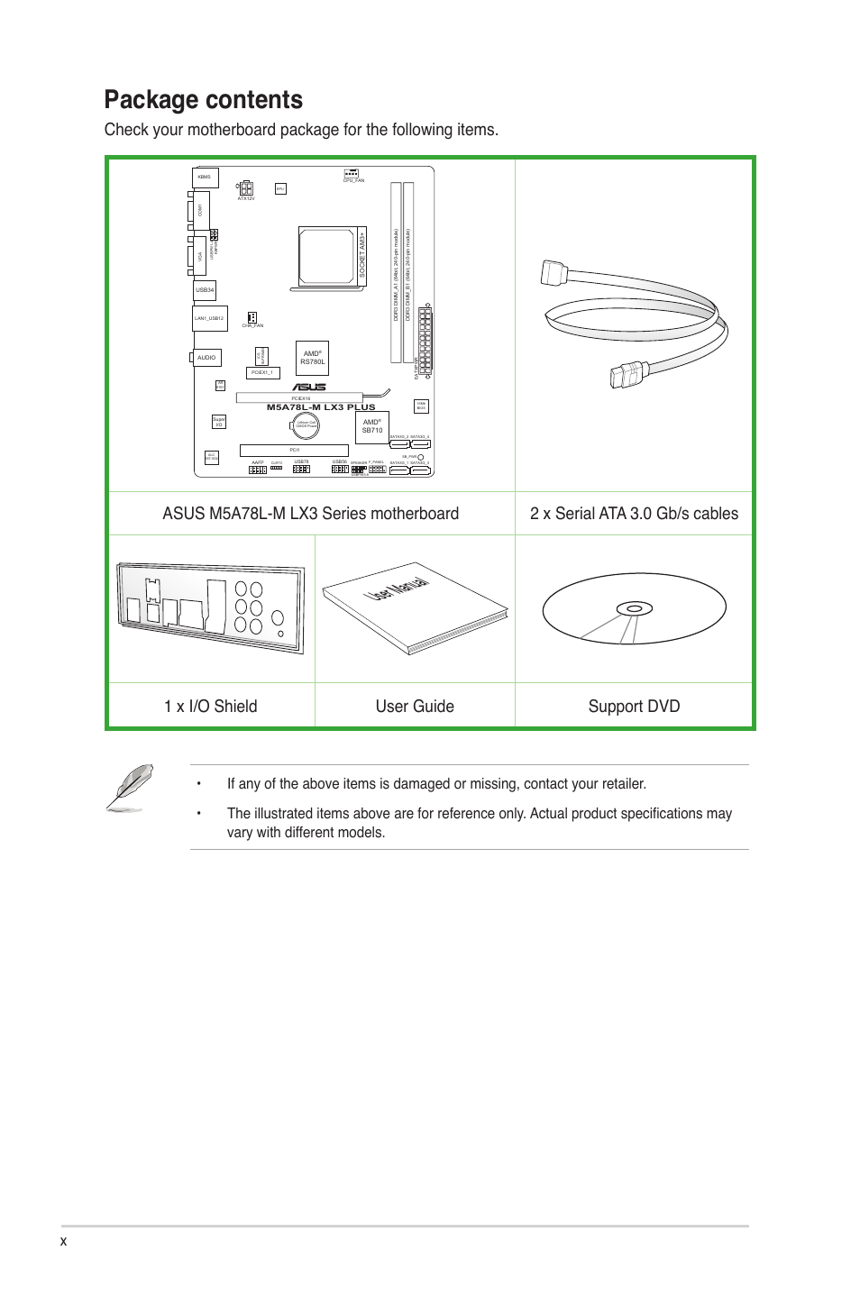 Package contents, User manual, 1 x i/o shield user guide support dvd | Asus M5A78L-M LX3 PLUS User Manual | Page 10 / 65