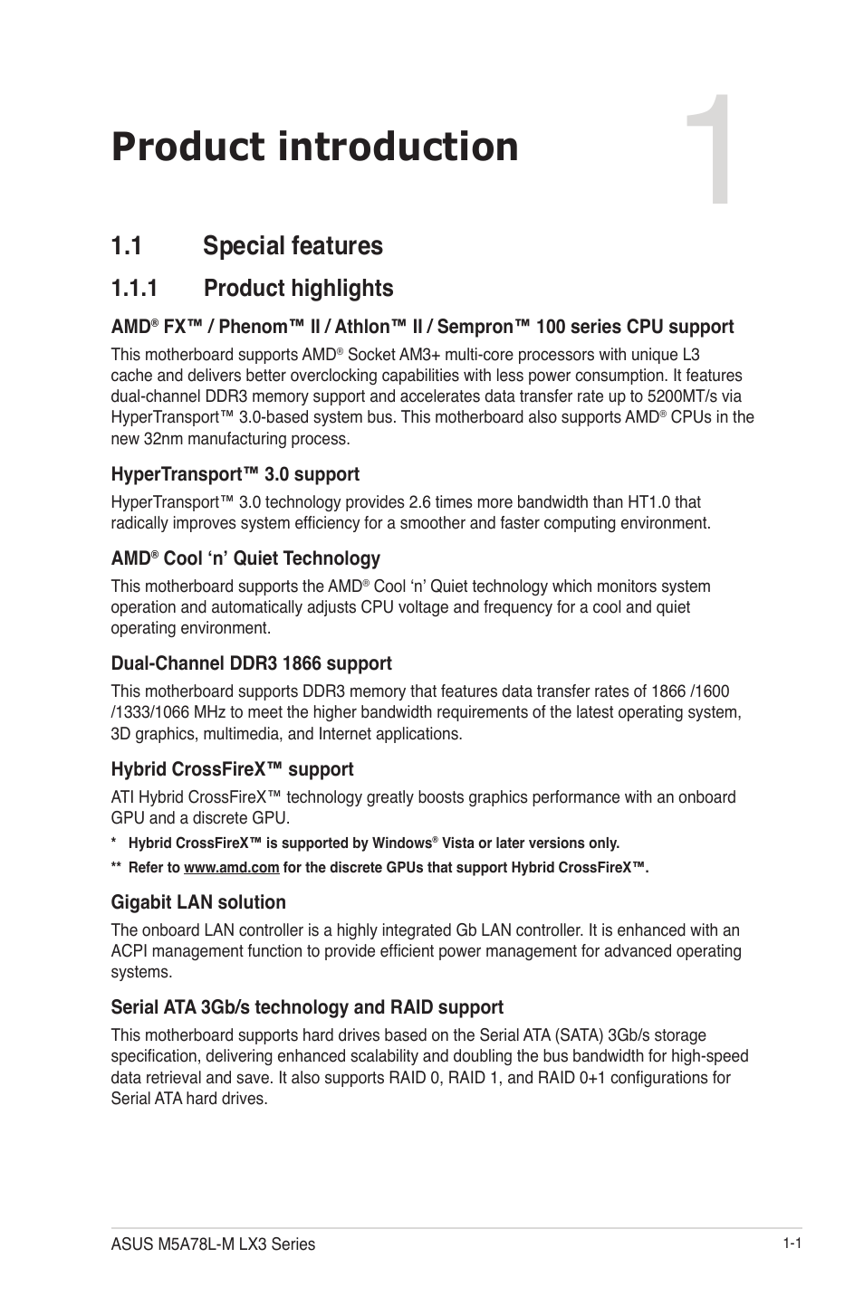 Chapter 1: product introduction, 1 special features, 1 product highlights | Product introduction, 1 special features -1, Product highlights -1 | Asus M5A78L-M LX3 PLUS User Manual | Page 11 / 65