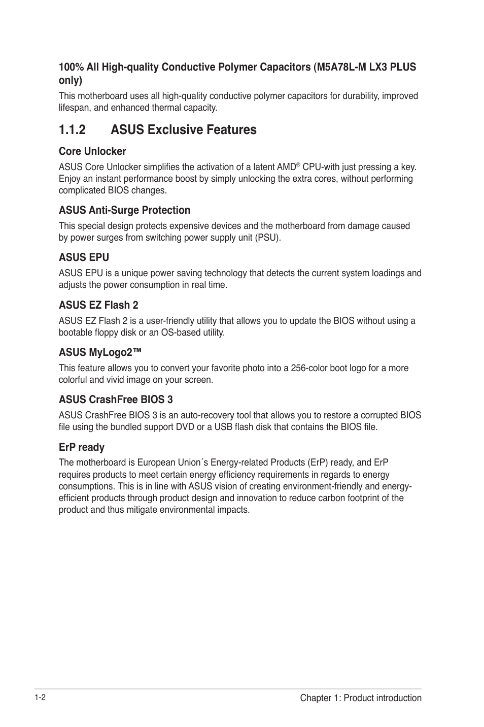 2 asus exclusive features, Asus exclusive features -2 | Asus M5A78L-M LX3 PLUS User Manual | Page 12 / 65