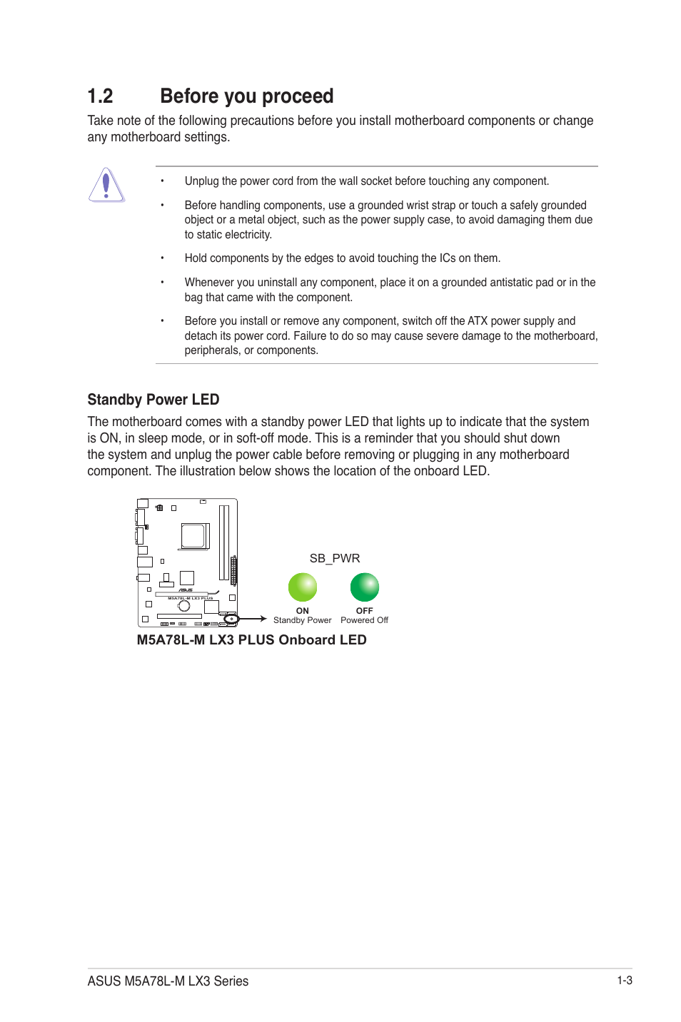 2 before you proceed, 2 before you proceed -3, Standby power led | Asus M5A78L-M LX3 PLUS User Manual | Page 13 / 65