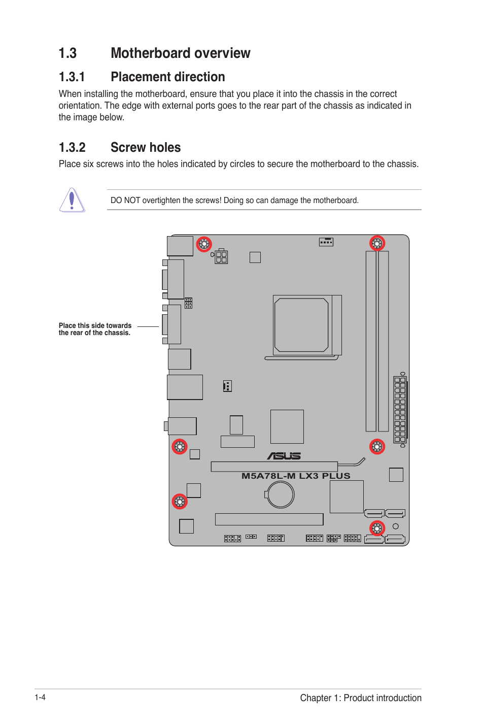 3 motherboard overview, 1 placement direction, 2 screw holes | 3 motherboard overview -4, Placement direction -4, Screw holes -4 | Asus M5A78L-M LX3 PLUS User Manual | Page 14 / 65