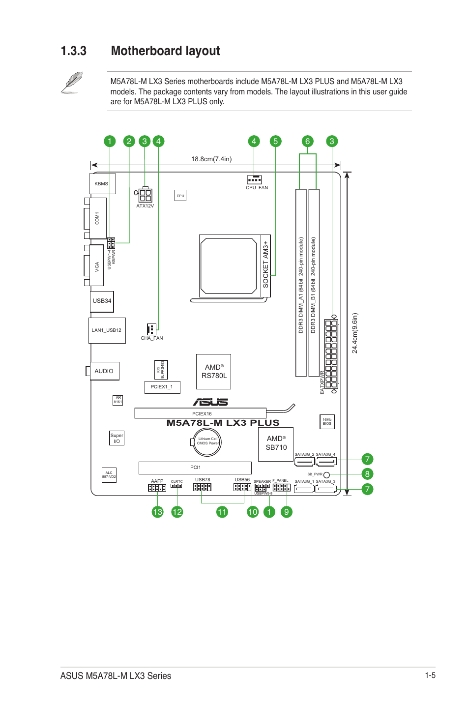 3 motherboard layout, Motherboard layout -5, Asus m5a78l-m lx3 series | M5a78l-m lx3 plus | Asus M5A78L-M LX3 PLUS User Manual | Page 15 / 65