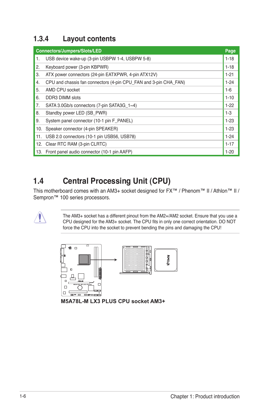 4 layout contents, 4 central processing unit (cpu), Layout contents -6 | 4 central processing unit (cpu) -6 | Asus M5A78L-M LX3 PLUS User Manual | Page 16 / 65