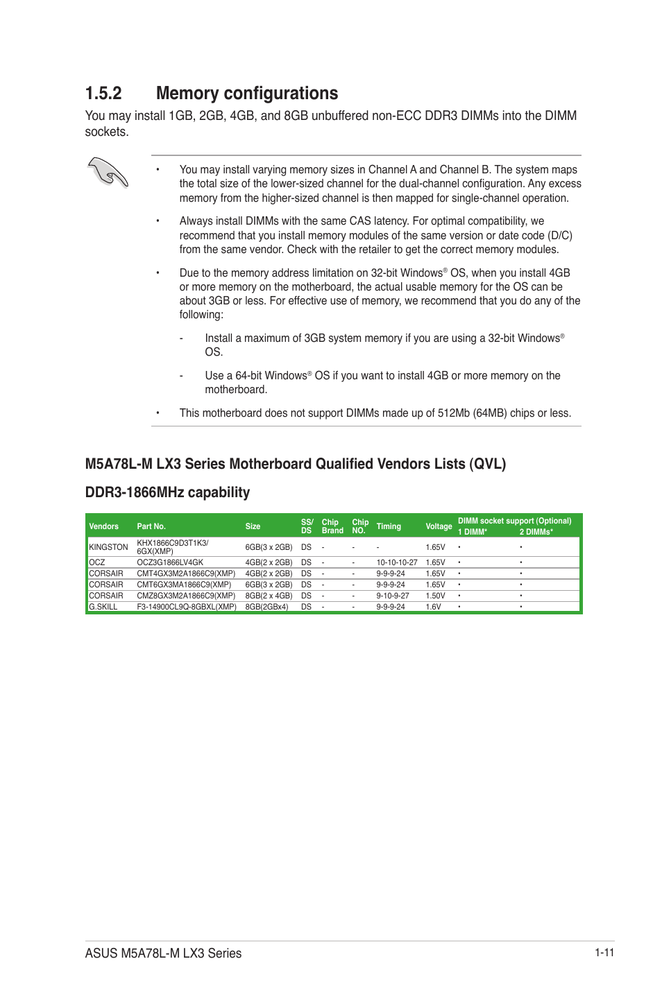 2 memory configurations, Memory configurations -11, Asus m5a78l-m lx3 series | Asus M5A78L-M LX3 PLUS User Manual | Page 21 / 65