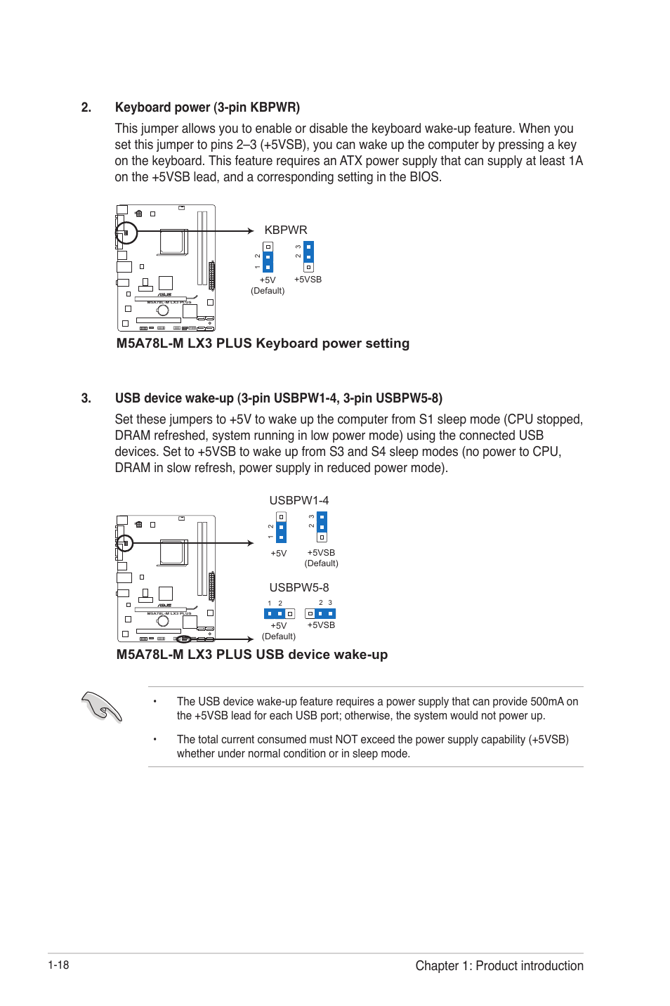 M5a78l-m lx3 plus keyboard power setting, M5a78l-m lx3 plus usb device wake-up, Chapter 1: product introduction | Asus M5A78L-M LX3 PLUS User Manual | Page 28 / 65